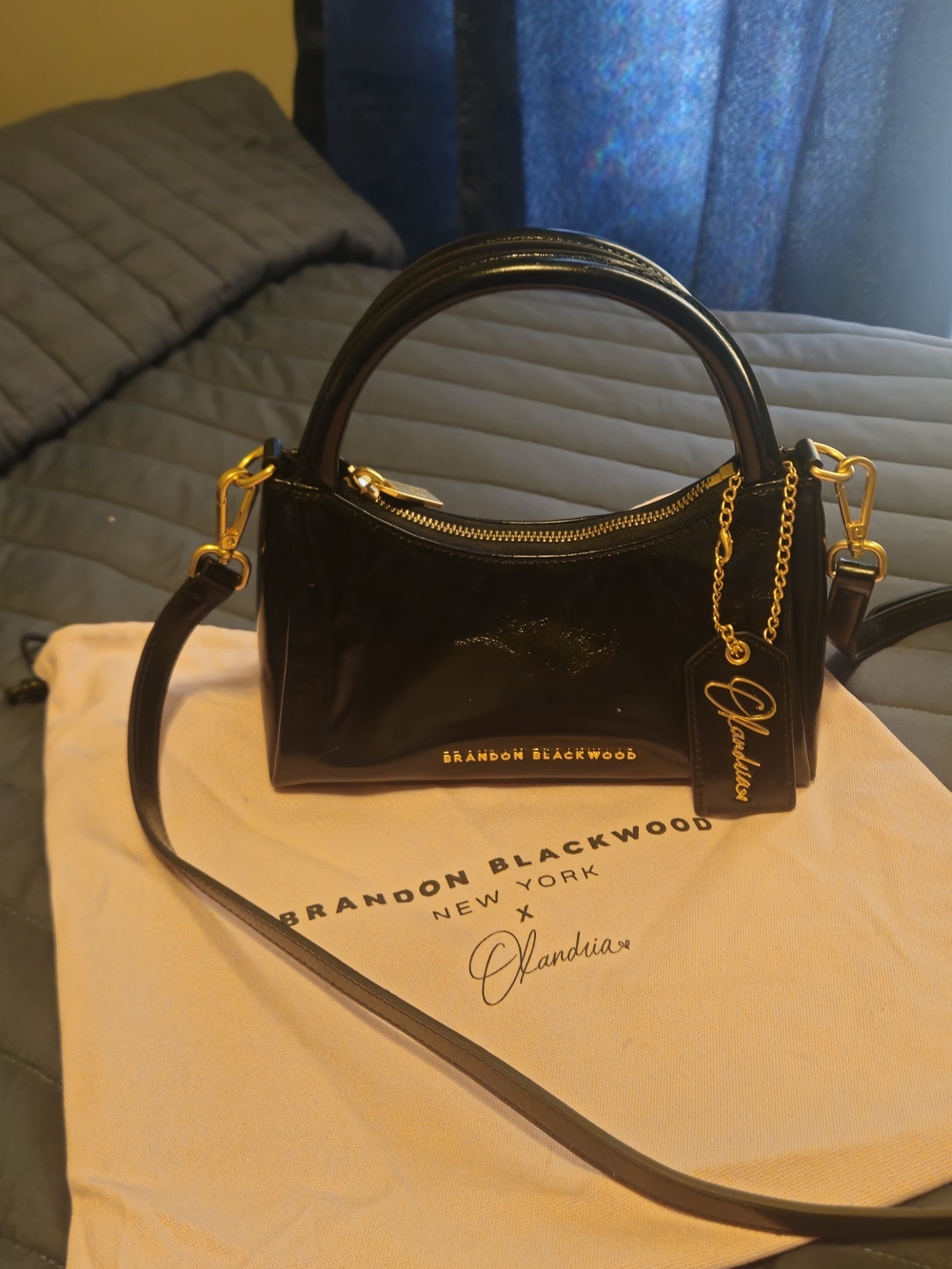 Brandon Blackwood Black Patent Mini Top-Handle Satchel with Gold Hardware